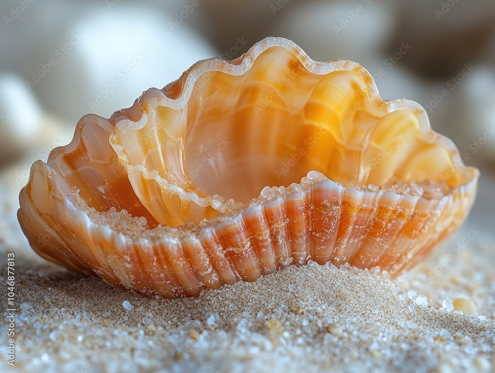 Intricate Sand Textures with Shell Detail, close-up view of diverse sand grains, highlighting a delicate shell on a serene beach setting Intricate Sand Textures with Shell Detail, close-up view of diverse sand grains, highlighting a delicate shell on a serene beach setting
