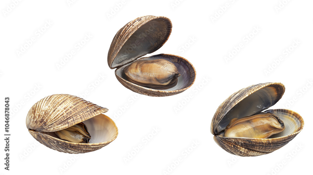 Three fresh clams with shells partially open, isolated on a white background. Great for seafood, nature, and marine life themes. Three fresh clams with shells partially open, isolated on a white background. Great for seafood, nature, and marine life themes.