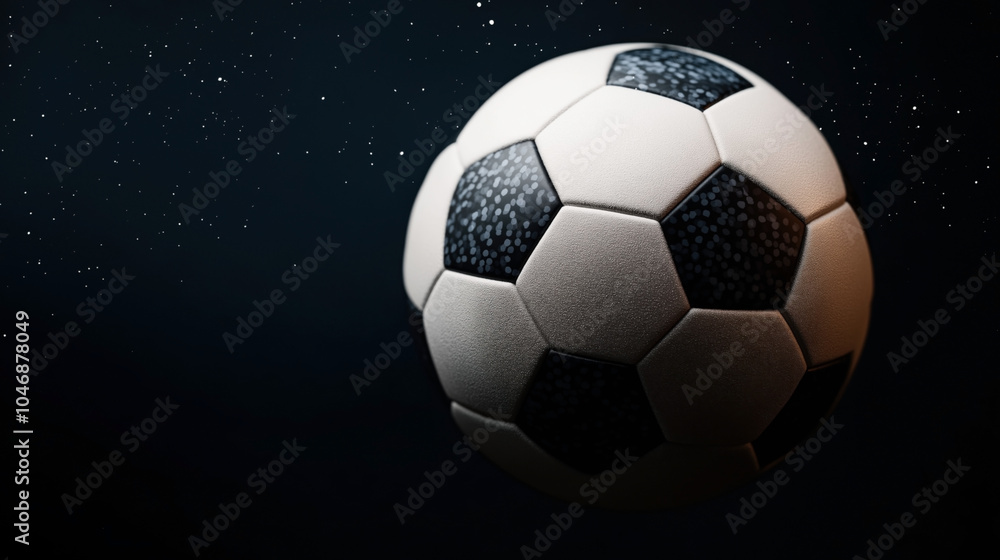 Naklejka premium Close-up of a classic soccer ball floating against a dark background with scattered light points resembling stars, evoking a sense of levitation and space.