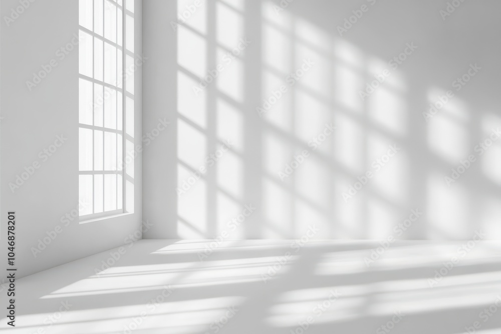 Minimalist white room with a window casting light and shadows on the wall. Minimalist white room with a window casting light and shadows on the wall.