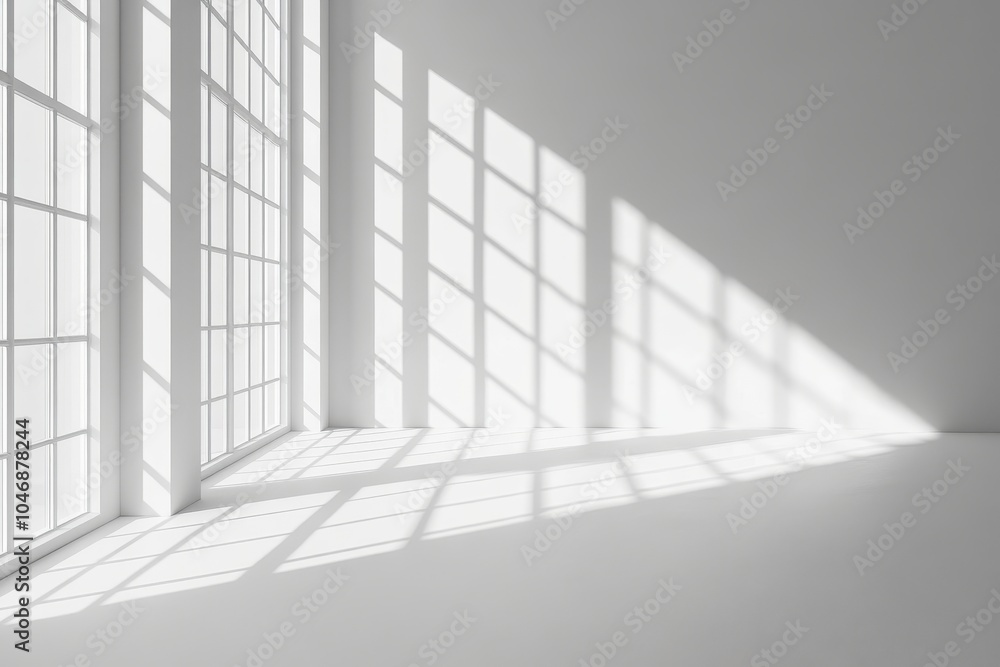 Minimalist white room with large windows and sunlight streaming through, casting long shadows on the floor. Minimalist white room with large windows and sunlight streaming through, casting long shadows on the floor.