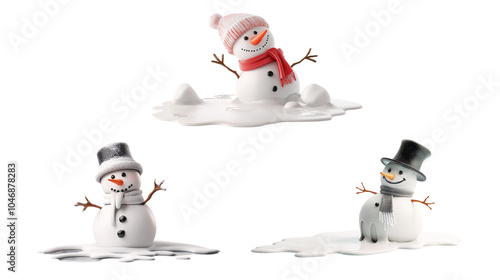 Three cheerful snowmen accessories with hats and scarves, melting slightly, capturing the joy of winter decorations against a transparent background.