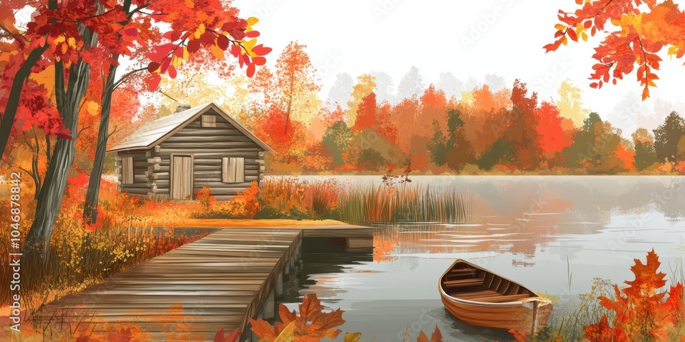 Obraz premium Autumn cabin by a lake with a wooden dock and