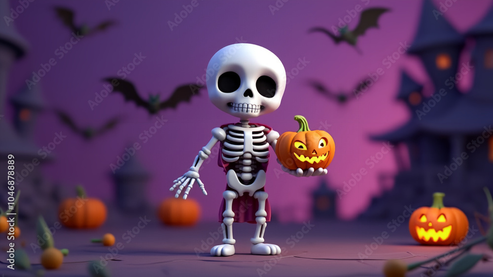 3d cartoon-style character an cute anthropomorphic skeleton Halloween pumkin in the hand the background is a Halloween theme with bats in the purple night 3d cartoon-style character an cute anthropomorphic skeleton Halloween pumkin in the hand the background is a Halloween theme with bats in the purple night