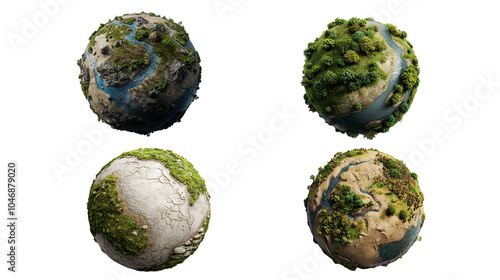 Set of four miniature Earth globes showcasing different biomes and landscapes. Ideal for environmental and geographical content.
