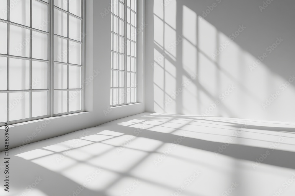 Sunlight streams through large windows in a white, minimalist room, casting long shadows on the floor. Sunlight streams through large windows in a white, minimalist room, casting long shadows on the floor.
