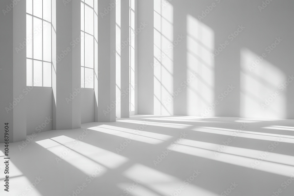 Empty white room with large windows and sunlight streaming in. Empty white room with large windows and sunlight streaming in.