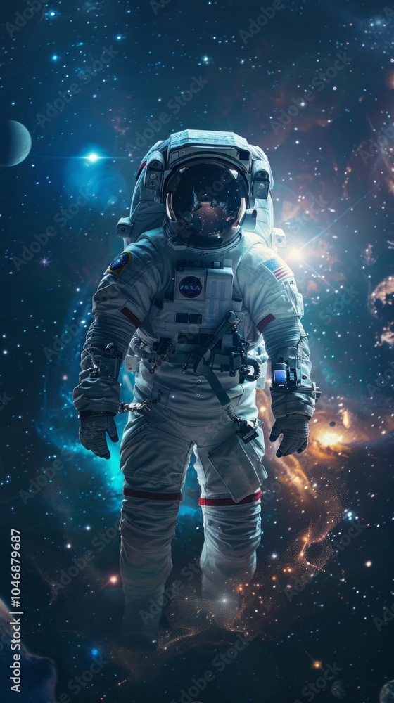 An astronaut in a white spacesuit floats in space amid nebulae and galaxies, symbolizing human curiosity and exploration. Planet-like objects surround,