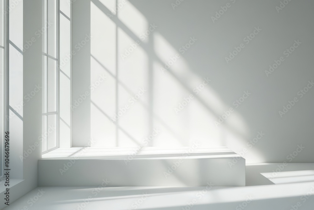 A minimalist white room with a window and sunlight casting shadows on the wall. There is a white platform in the foreground. A minimalist white room with a window and sunlight casting shadows on the wall. There is a white platform in the foreground.