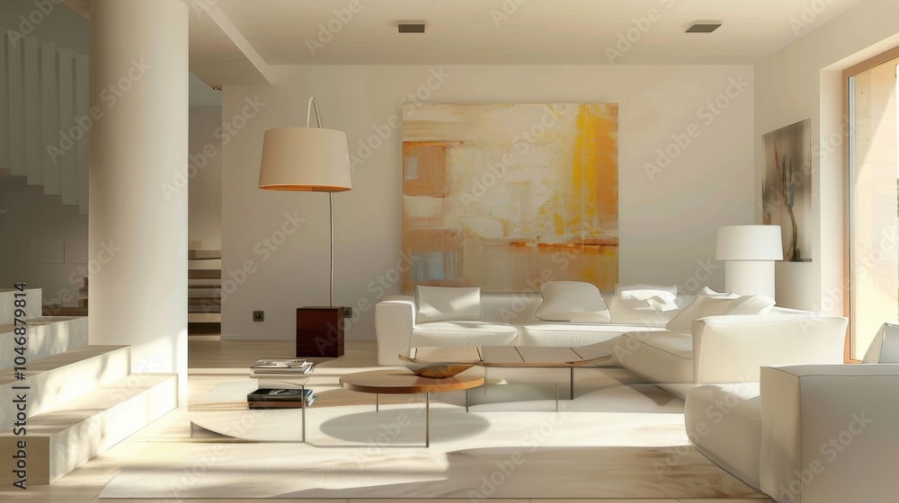 A contemporary and artistic living room design boasting a white canvas backdrop, Artfully arranged minimalist furniture, Artistic minimalist style A contemporary and artistic living room design boasting a white canvas backdrop, Artfully arranged minimalist furniture, Artistic minimalist style