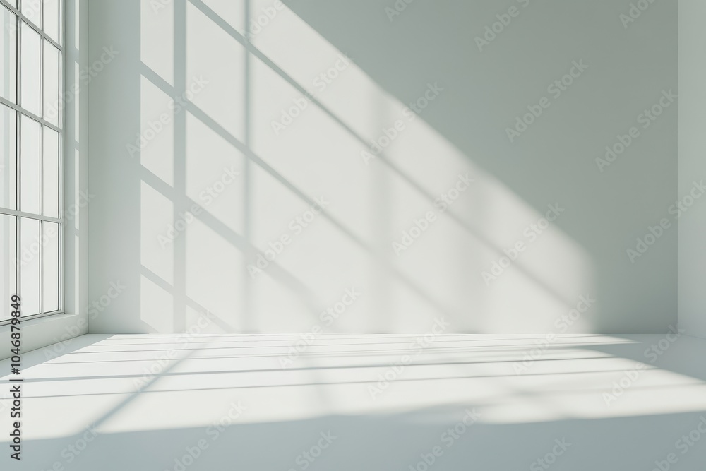 Sunlight streams through a large window in an empty room, casting long shadows on the white walls and floor. Sunlight streams through a large window in an empty room, casting long shadows on the white walls and floor.