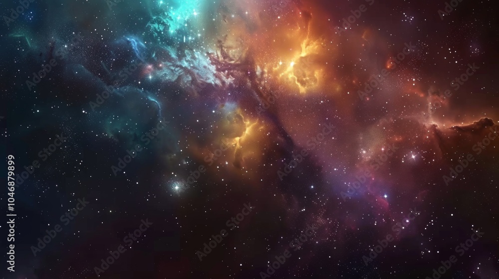 Fototapeta premium Stunning space background with nebulae, stars and galactic dust on a deep black background creates a vivid and mesmerizing celestial spectacle.