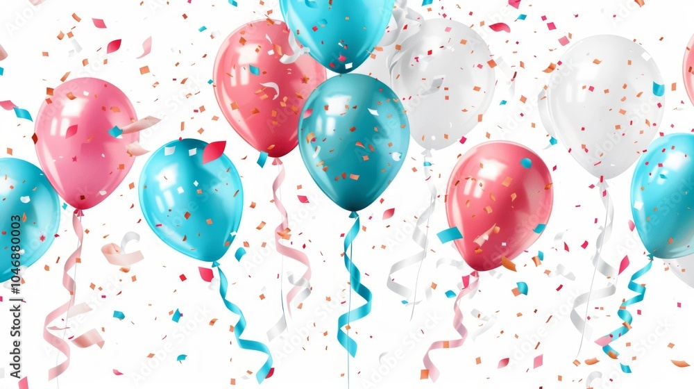 A cheerful image with colorful helium balloons tied with gold ribbons floating against a white background, A cheerful image with colorful helium balloons tied with gold ribbons floating against a white background,