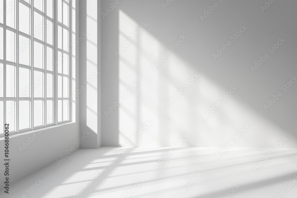 Sunlight streams through a large window in a white room, casting long shadows on the floor and wall. Sunlight streams through a large window in a white room, casting long shadows on the floor and wall.