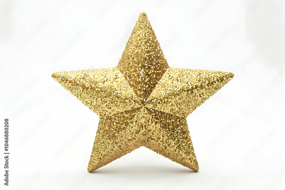 A single golden glitter star isolated on a white background. A single golden glitter star isolated on a white background.