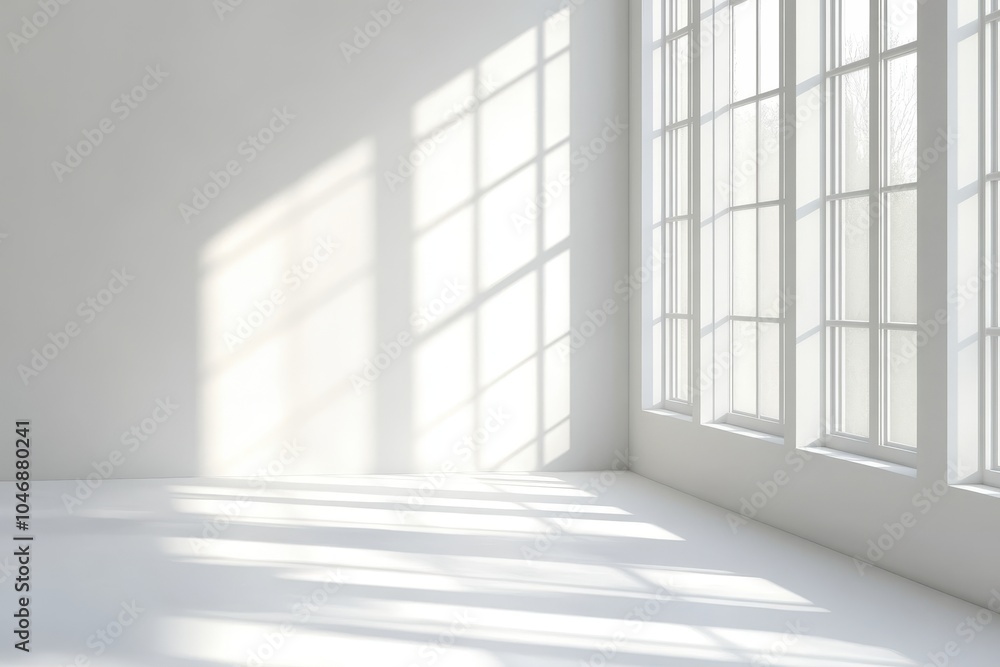 A large window with sunlight shining through it, casting shadows on the white walls. A large window with sunlight shining through it, casting shadows on the white walls.