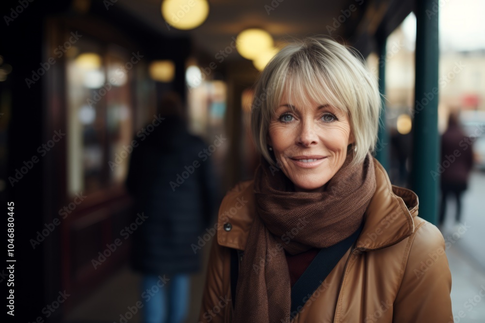 Portrait of smiling mature woman in coat and scarf in city street Portrait of smiling mature woman in coat and scarf in city street