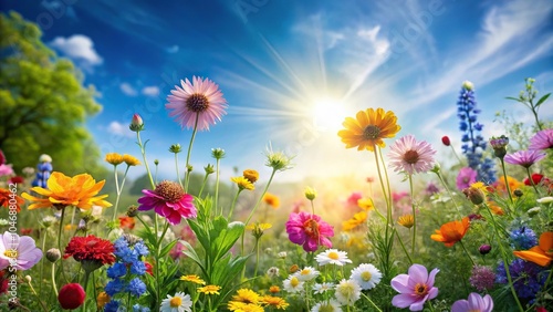 Softly lit garden scene with a cluster of colorful wildflowers against a bright blue sky, blooming, garden