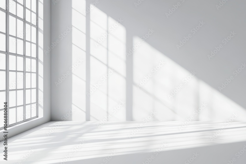 Sunlight streams through a large window in a modern, minimalist room, casting long shadows on the white walls and floor. Sunlight streams through a large window in a modern, minimalist room, casting long shadows on the white walls and floor.
