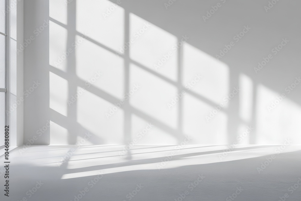 Sunlight streams through a large window onto a blank white wall, casting rectangular shadows on the floor and wall. Sunlight streams through a large window onto a blank white wall, casting rectangular shadows on the floor and wall.