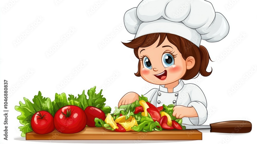 A female chef preparing a salad with fresh vegetables, isolated on white background. A female chef preparing a salad with fresh vegetables, isolated on white background.
