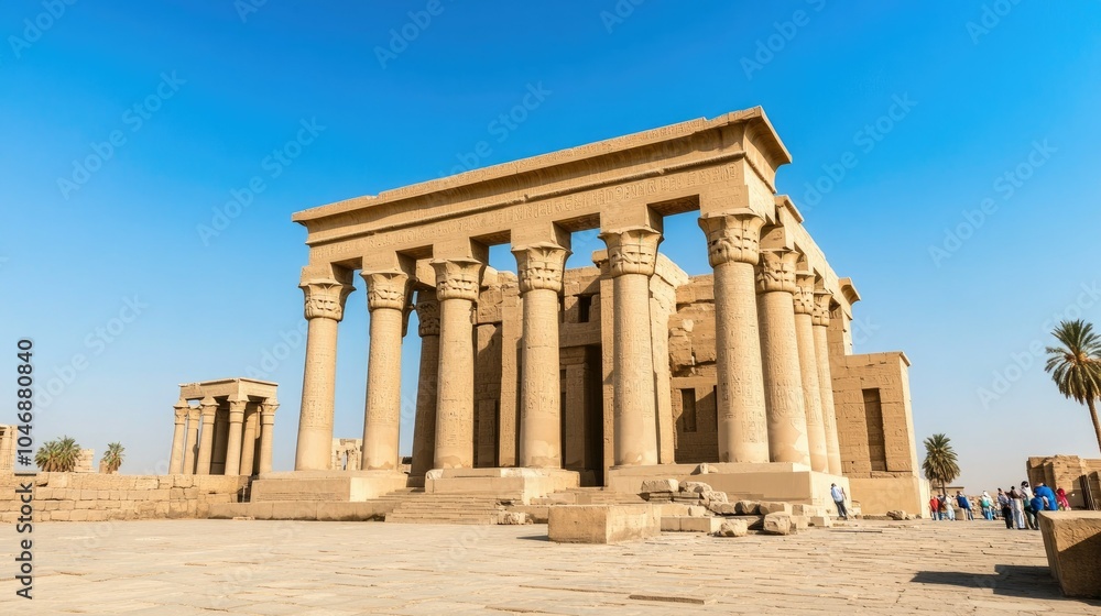 Fototapeta premium A famous historical landmark, such as an ancient castle or temple, standing proudly against a clear blue sky, with visitors exploring its rich history and architecture.