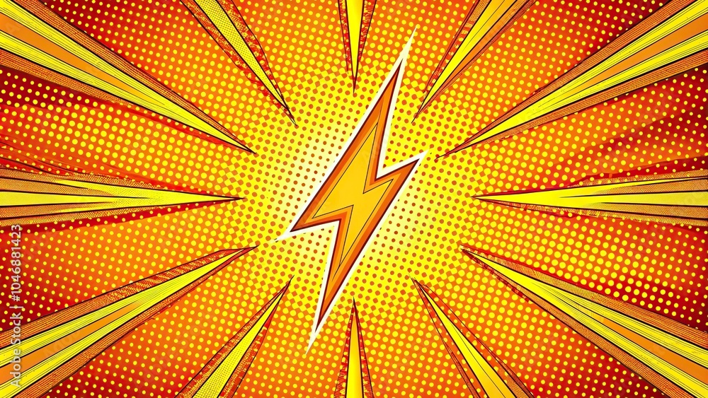 Fototapeta premium Stream of yellow orange lightning strike on half vintage comic book pattern pop art background