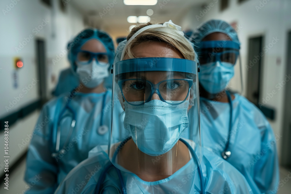 Generative AI illustration of people in biohazard protective clothes suits disinfection pollution gas radioactive elements