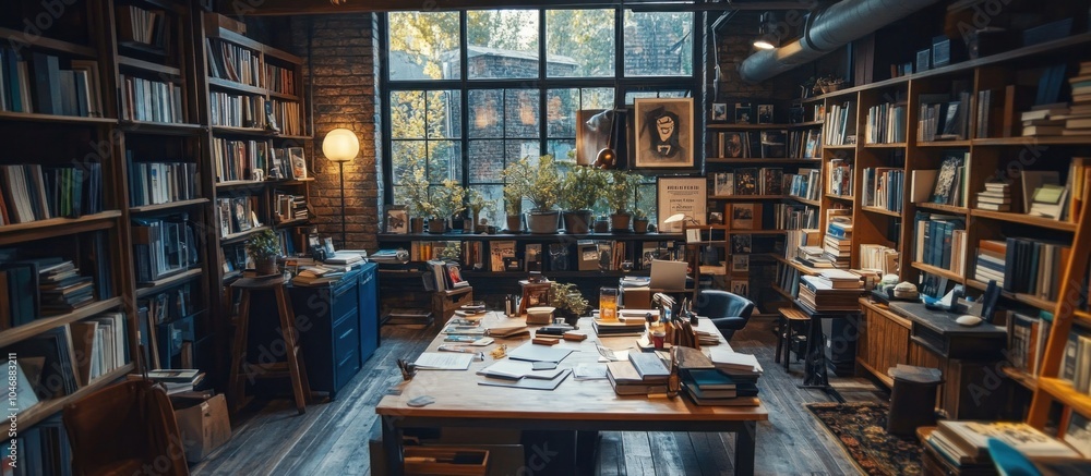 A well-lit home office with bookshelves, a large window, and a desk piled with papers. A well-lit home office with bookshelves, a large window, and a desk piled with papers.