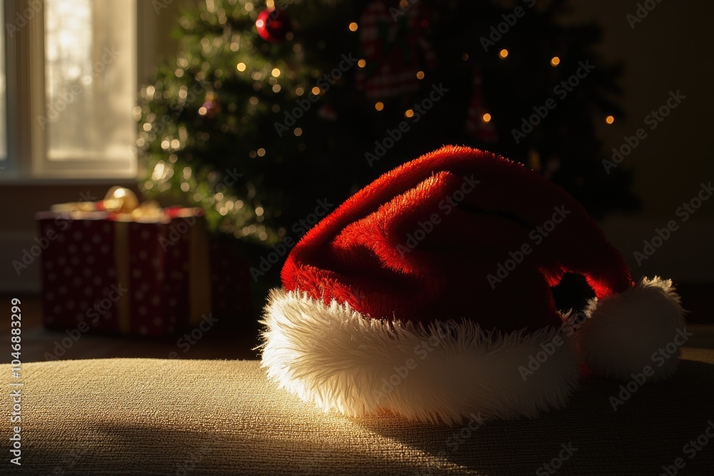 Obraz premium A Santa Hat Resting on a Couch with a Blurred Christmas Tree and Present in the Background
