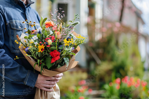 Beautiful scenic flower store shop with its owner nursing blossom arranging bouquet, Generative AI