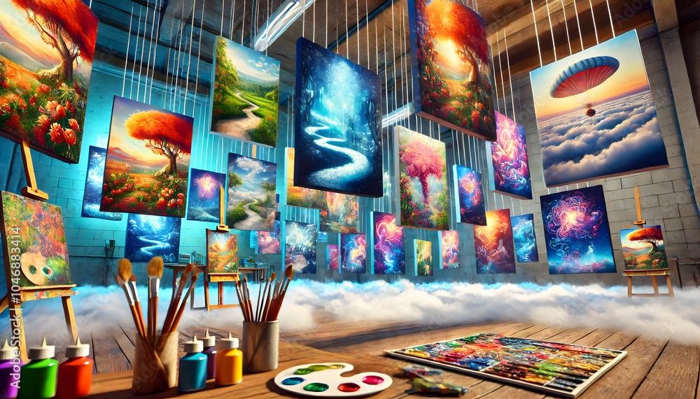 Fototapeta premium Dreamlike Artist Studio with Floating Canvases