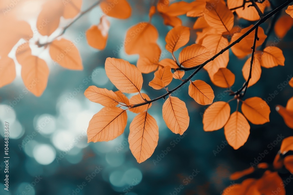 Close-up of orange leaves on a branch with a blurred background of blue and green foliage. Close-up of orange leaves on a branch with a blurred background of blue and green foliage.