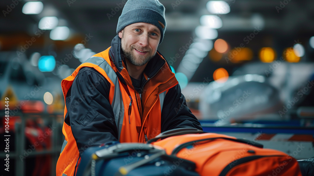 An airport baggage handler sorts passenger luggage in the airport - airport ground service
An airport baggage handler sorts passenger luggage in the airport - airport ground service