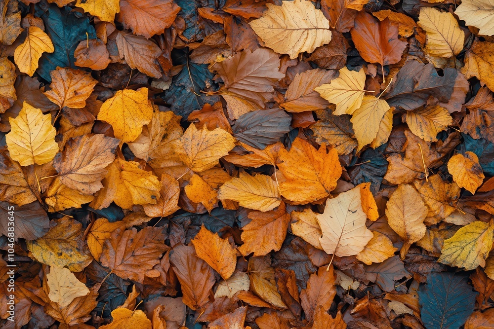 A close-up of a ground covered in fallen autumn leaves of various shades of brown, yellow, and orange. A close-up of a ground covered in fallen autumn leaves of various shades of brown, yellow, and orange.
