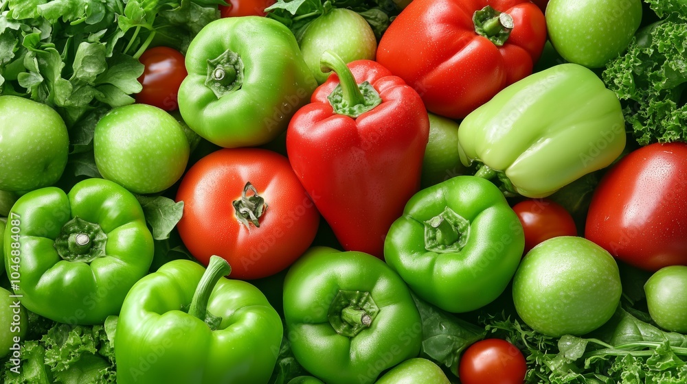 Background full of green and red peppers are on top of a bed of greens Background full of green and red peppers are on top of a bed of greens