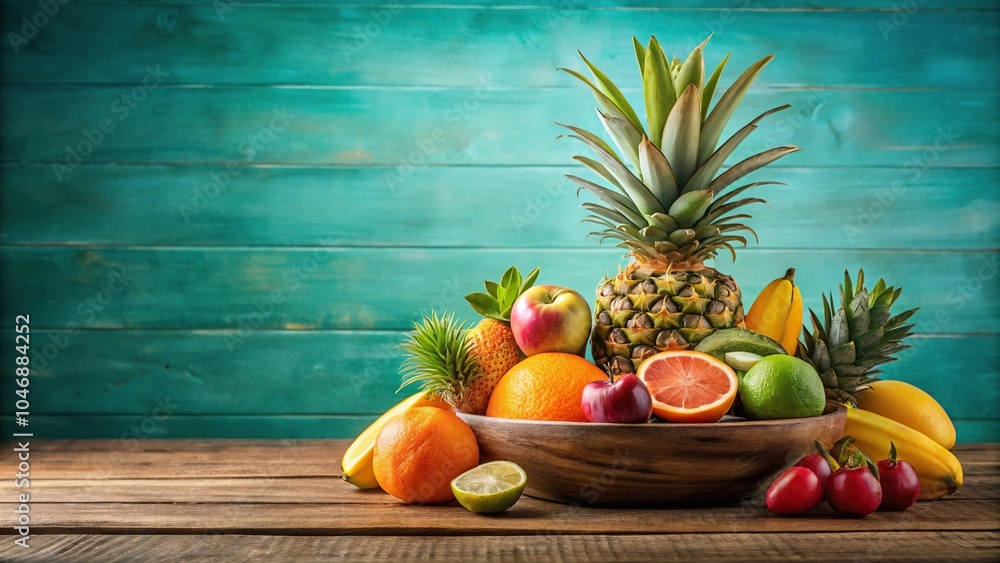 Tropical fruit arrangement on a wooden table against a soothing teal background, juicy, wood, vibrant, nature-inspired Tropical fruit arrangement on a wooden table against a soothing teal background, juicy, wood, vibrant, nature-inspired