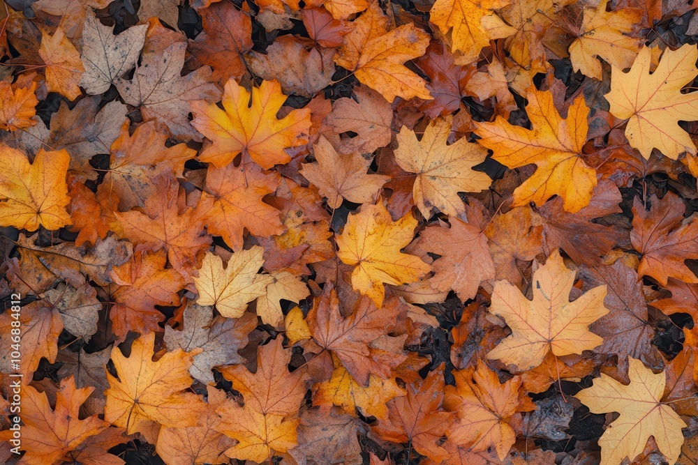 A close-up view of a carpet of fallen autumn leaves in shades of orange, brown, and yellow. A close-up view of a carpet of fallen autumn leaves in shades of orange, brown, and yellow.