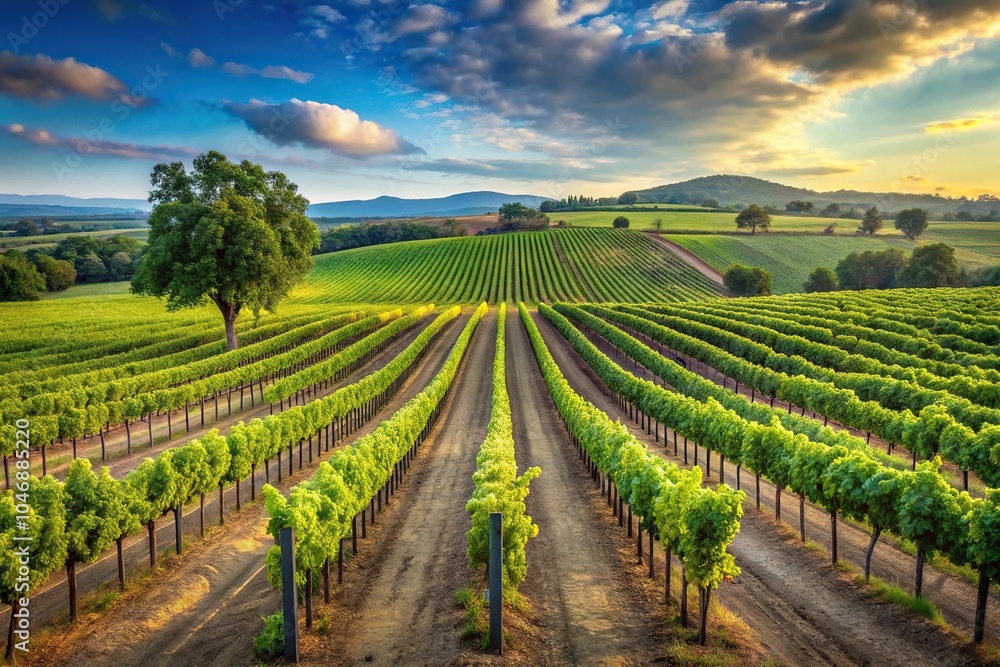 Vineyard landscape with rows of grapevines and a few trees in the background, countryside scenery, lush vegetation, botanical garden Vineyard landscape with rows of grapevines and a few trees in the background, countryside scenery, lush vegetation, botanical garden