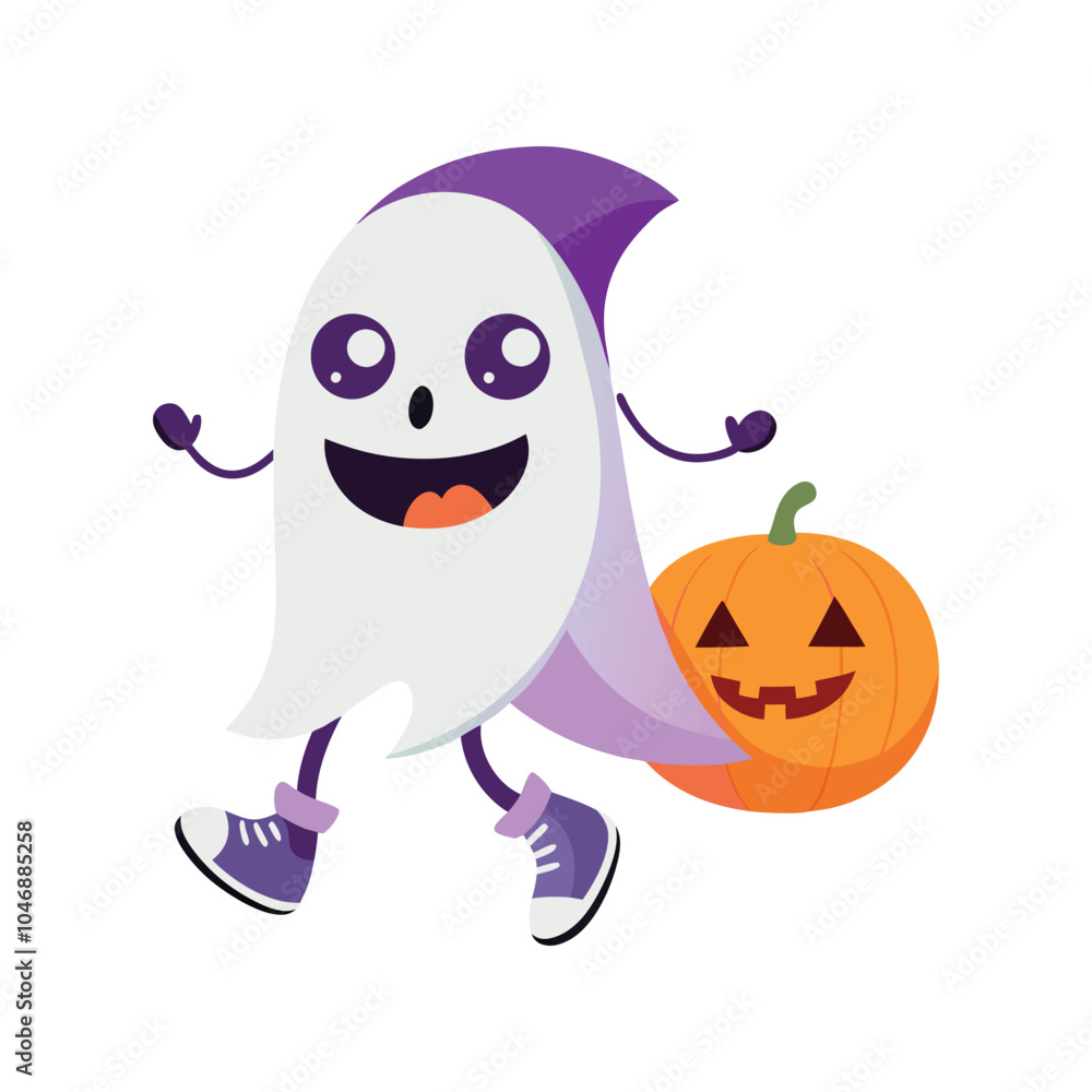 Obraz premium Cute Halloween ghost and pumpkin characters walking together, perfect for festive designs