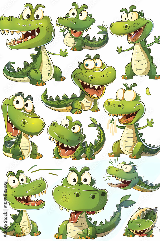 Fototapeta premium A set of cartoon crocodile illustrations in various poses and expressions.