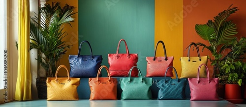 A row of colorful leather tote bags on a blue floor with green plants and a colorful backdrop. photo