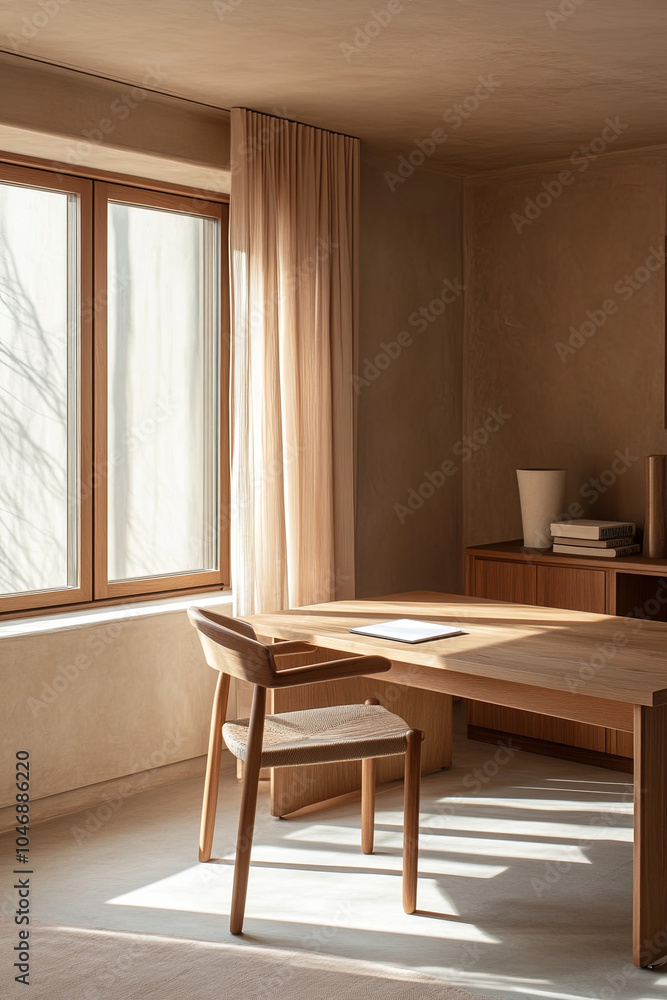 Fototapeta premium serene Scandinavian style minimalist workspace featuring wooden desk and chair, bathed in natural light from large window. warm tones and simple design create calming atmosphere