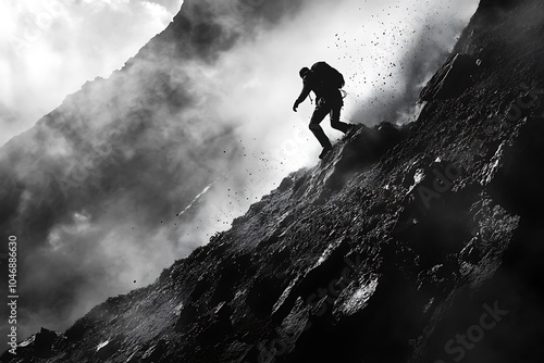 Powerful depictions of individuals overcoming challenges, featuring people climbing steep, rugged terrain or breaking through physical and metaphorical obstacles.