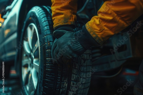 A worker is changing a tire on a car while wearing gloves and a moisture-resistant jacket in wet conditions. Generative AI