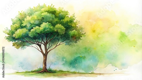 watercolor painting of an asymmetrical environment with tree and plant