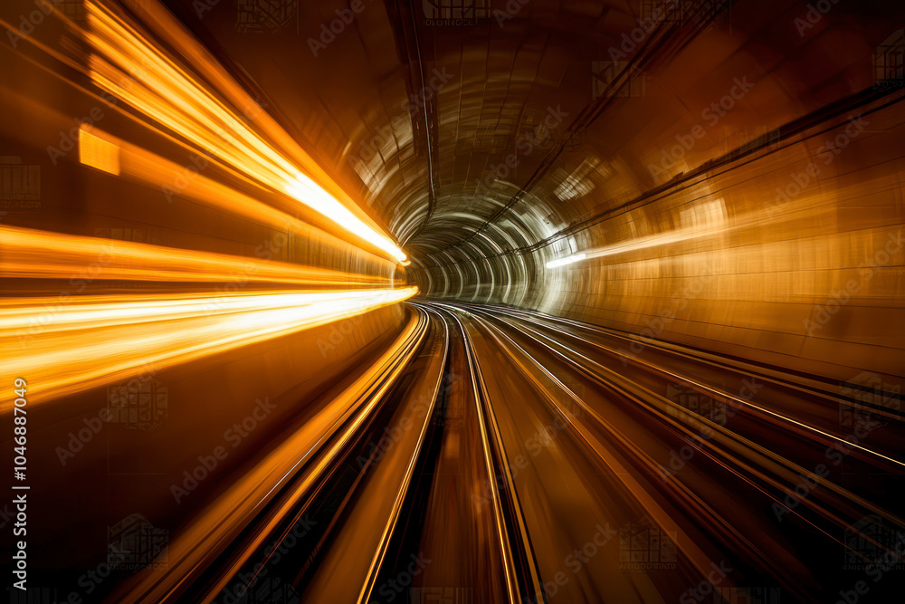 Fototapeta premium Underground tunnel with blurred light tracks.