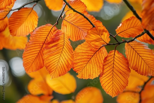 Close-up of vibrant orange leaves on a branch, backlit by sunlight.