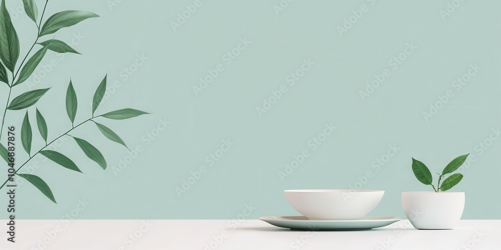 Aesthetic dining setup with white dishes and greenery against a mint green background. Aesthetic dining setup with white dishes and greenery against a mint green background.