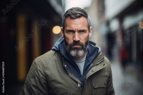 Portrait of a handsome bearded man in the city. Men's beauty, fashion.